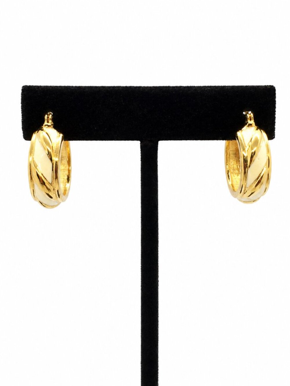 VINTAGE MONET EARRINGS Cream Enamel Gold Tone Striped Hoop Pierced 1990s